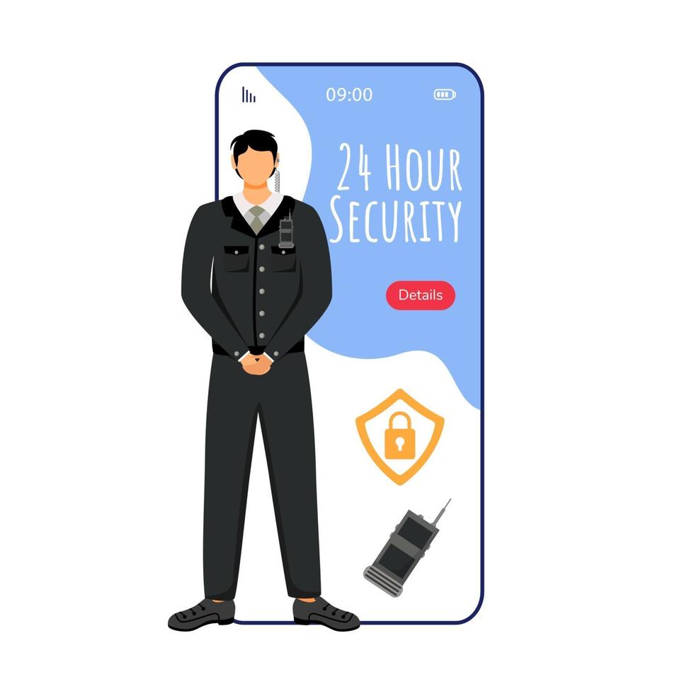 säkerhetstecknad smartphone smartphone app app skärm. mobiltelefon display med dörrvakt platt karaktär design mockup. skydd, säkerhetsföretag. privat säkerhetsapplikation telefongränssnitt vektor