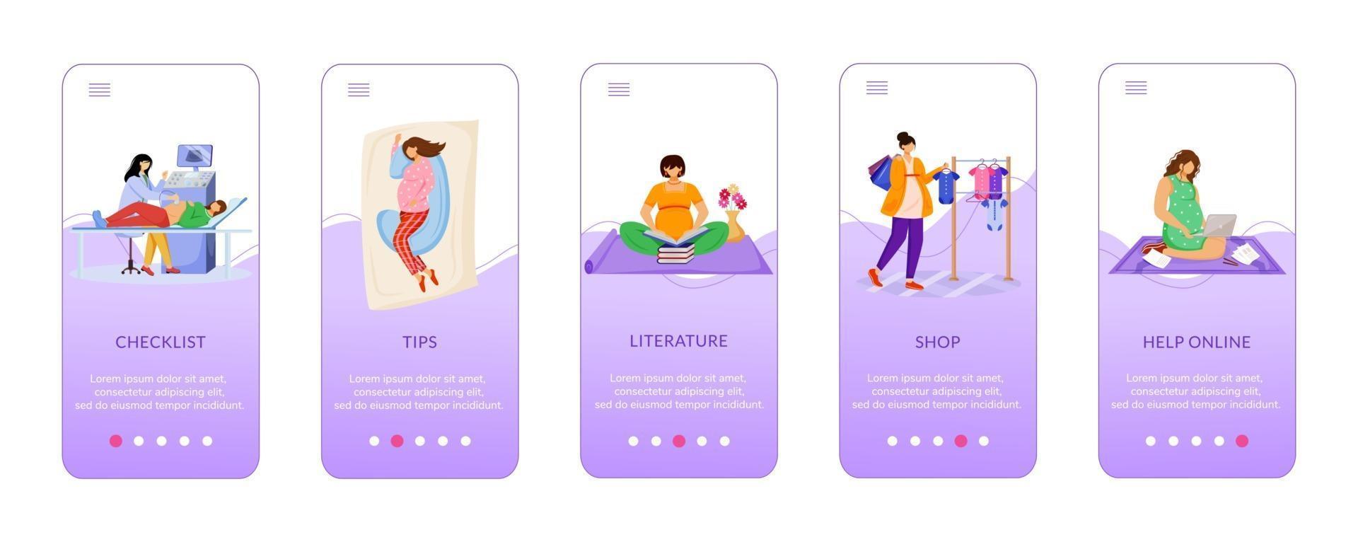 glückliche Schwangerschaft beim Onboarding der mobilen App-Bildschirmvektorvorlage. schwangere frau helfen. Schwangerschaftsvorsorge. Walkthrough-Website-Schritte mit flachen Zeichen. ux, ui, gui Smartphone-Cartoon-Schnittstellenkonzept vektor