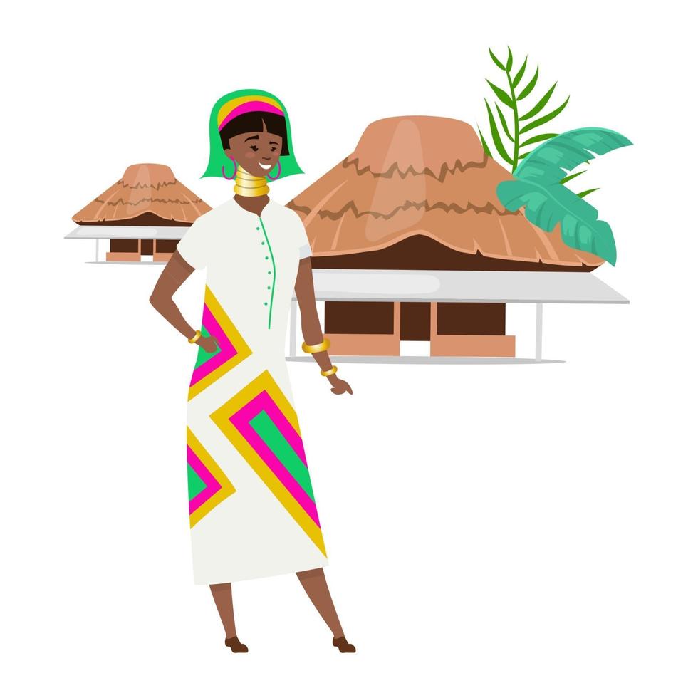 Afrikanische native flache Farbvektorillustration. nigerianische Frau in ethnischer Kleidung und Schmuck. Ureinwohner mit Stammeshäusern. Frau der Farbe isolierte Zeichentrickfigur auf weißem Hintergrund vektor