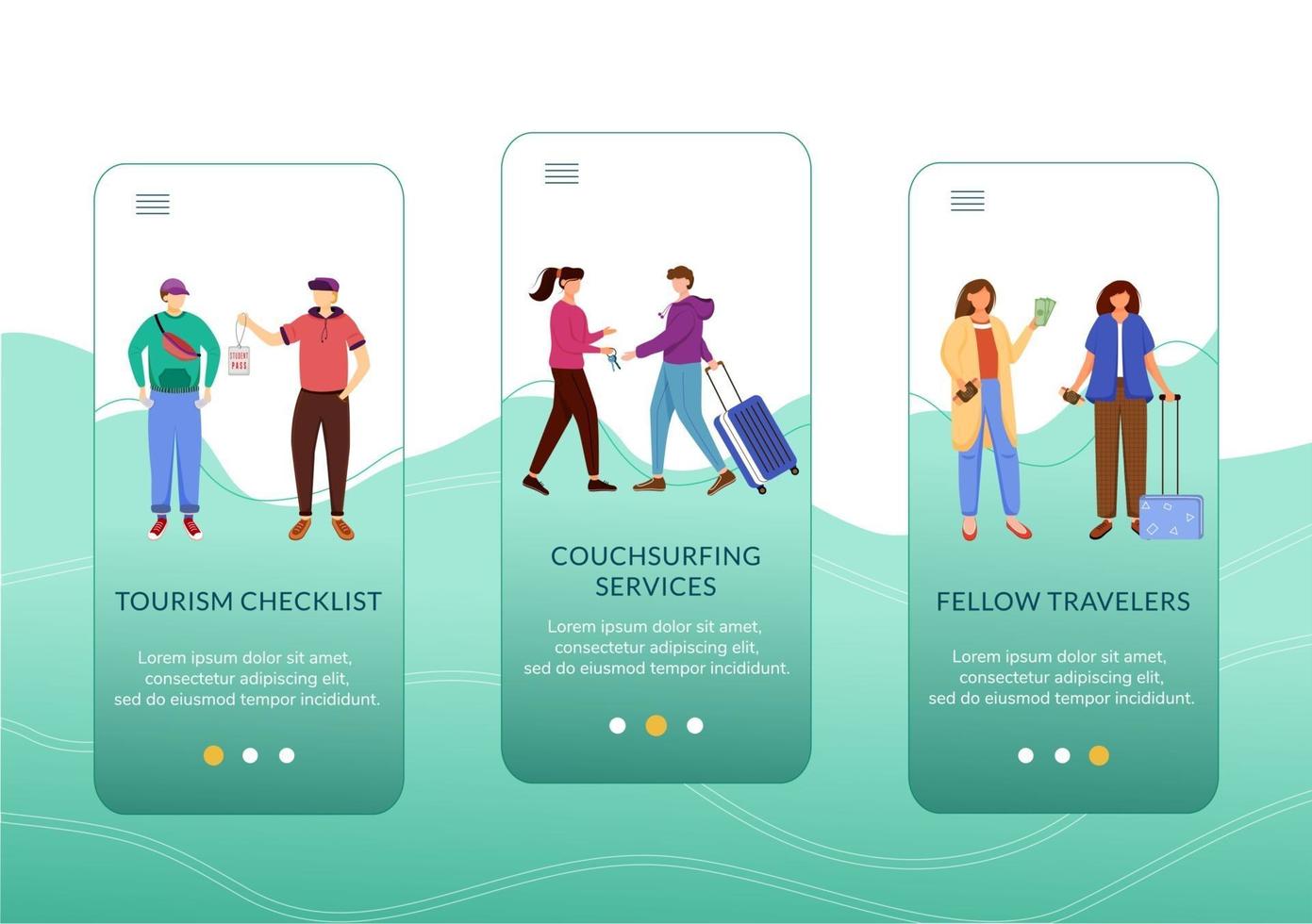 Budget-Tourismus-Onboarding-Bildschirmvektorvorlage für mobile Apps. Couchsurfing-Dienste. Tourismus-Checkliste. Walkthrough-Website-Schritte mit flachen Zeichen. ux, ui, gui Smartphone-Cartoon-Schnittstellenkonzept vektor