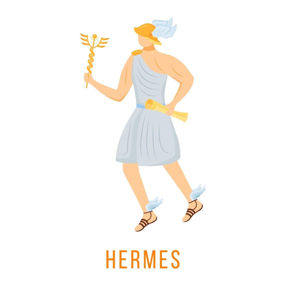 Hermes flache Vektorillustration. antike griechische Gottheit. Gott des Handels und der Beredsamkeit. Gesandter der Götter. göttliche mythologische Figur. isolierte Zeichentrickfigur auf weißem Hintergrund vektor