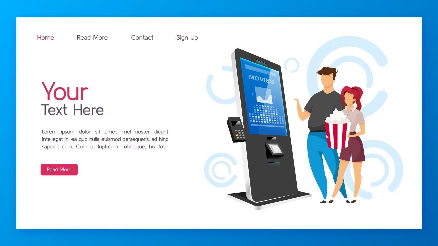 Ticket-Kiosk-Landing-Page-Vektorvorlage. Kino-Self-Service-Maschine-Website-Schnittstellenidee mit flachen Illustrationen. Layout der Homepage für kostenpflichtige Unterhaltungsgeräte. Webbanner mit moderner Technologie vektor