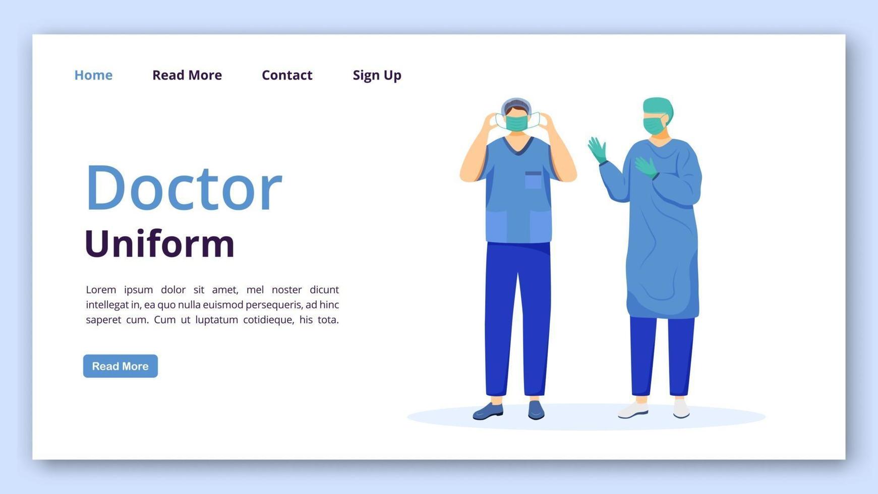 Arzt einheitliche Zielseiten-Vektorvorlage. Arztmantel, Maske und Kappen Website-Interface-Idee mit flachen Illustrationen. Chirurg, Arzt Homepage-Layout. Klinik-Webbanner, Webseiten-Cartoon-Konzept vektor