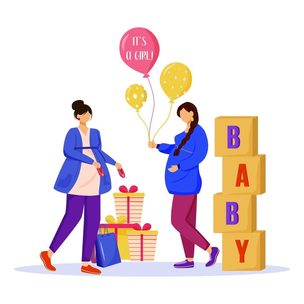 Schwangere Frauen mit Babypartygeschenke flachbild Vector Illustration. werdende mütter warten auf baby. Damen, die sich auf die Mutterschaft vorbereiten, isolierte Zeichentrickfiguren auf weißem Hintergrund