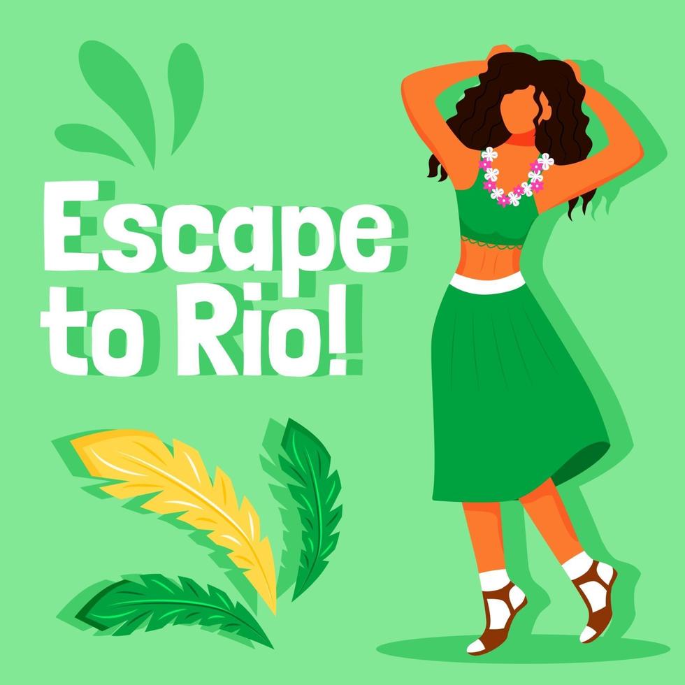 Brasilianischer Karneval Social Media Post Mockup. Flucht nach Rio Phrase. Web-Banner-Design-Vorlage. Exotischer Country Trip Booster, Inhaltslayout mit Aufschrift. Poster, Printanzeigen und flache Illustrationen vektor