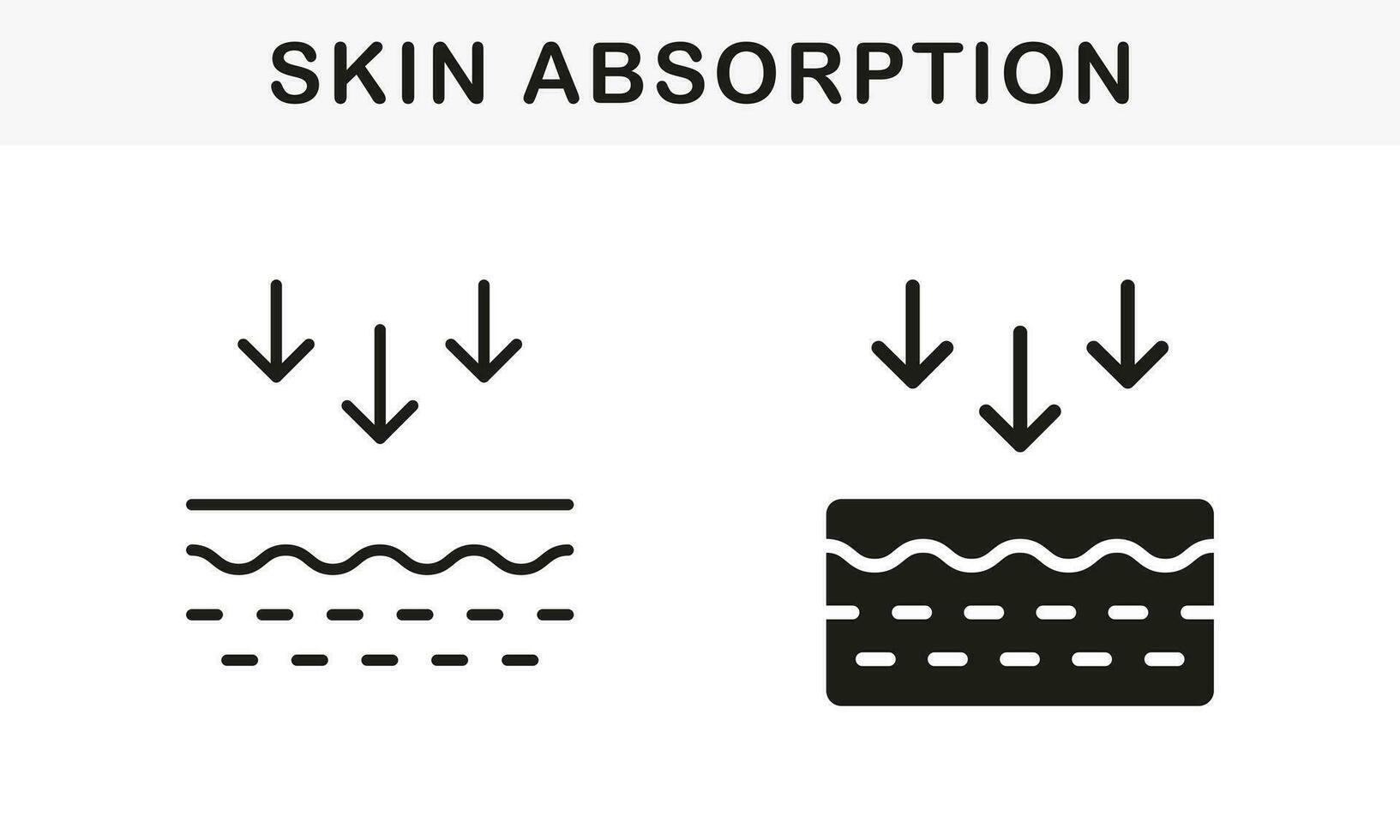 hud absorption linje och silhuett svart ikon uppsättning. pilar ner, hud näring begrepp symbol samling. genomslag av uv stråle till hud piktogram. isolerat vektor illustration.