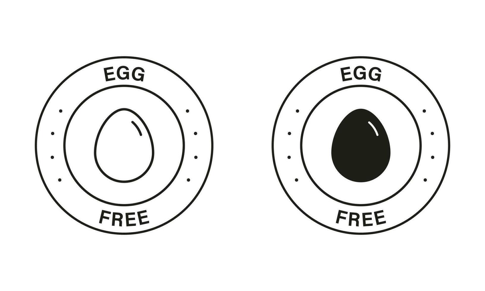 Ei kostenlos schwarz Briefmarke Satz. Nein Hähnchen Eier Symbole. Nein Ei, organisch Produkt zum vegan Etikett. kostenlos Ei, Nein allergisch Logo. garantiert sicher Diät Essen Symbol. isoliert Vektor Illustration.