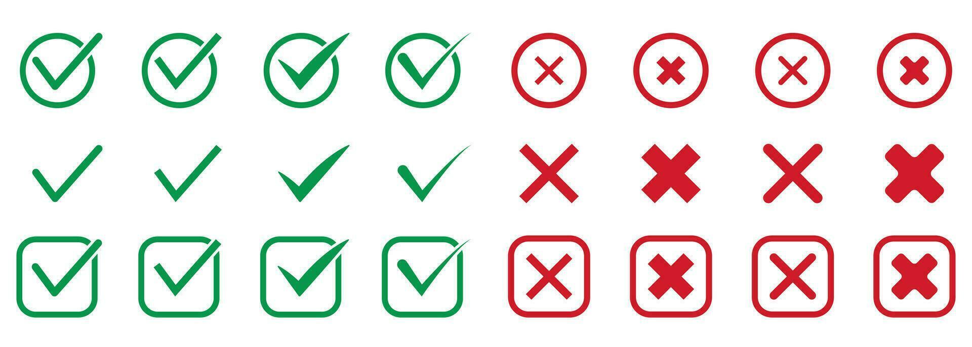 kolla upp märke, bock och korsa röd och grön silhuett ikon uppsättning. bock piktogram. rätt och fel, avvisa och acceptera fast tecken. korrekt och felaktig symbol samling. isolerat vektor illustration.