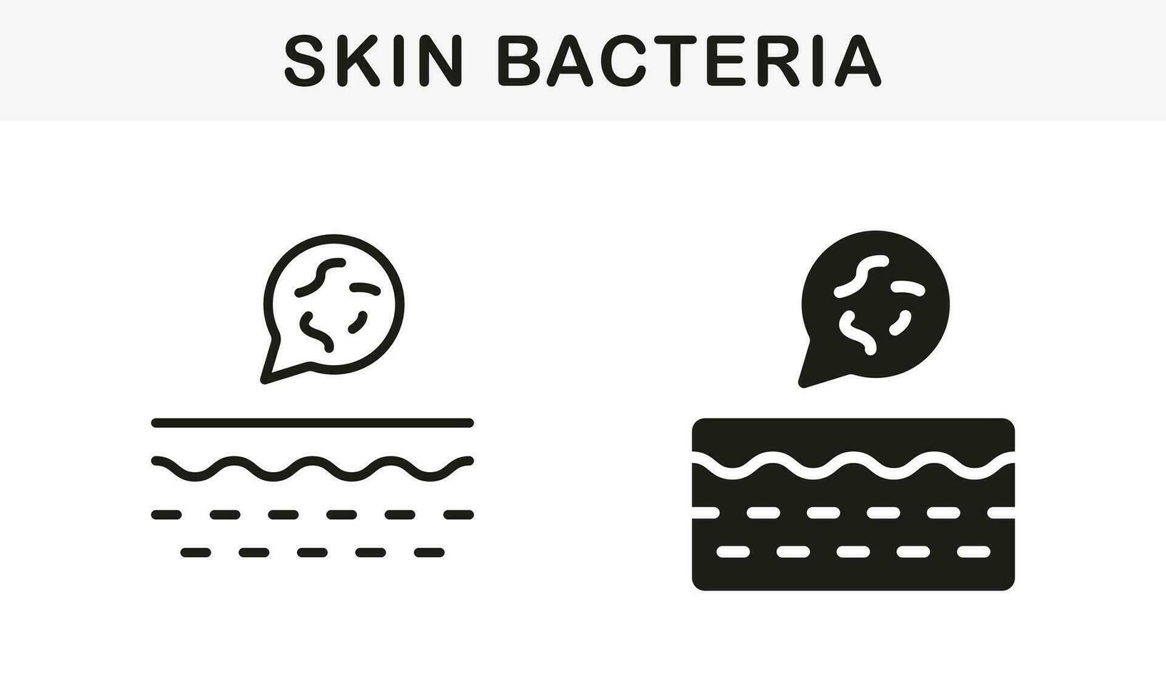 hud lager med mikrober flora piktogram. bakterie på hud linje och silhuett svart ikon uppsättning. mikroorganismer på strukturera av mänsklig dermis symbol samling. isolerat vektor illustration.