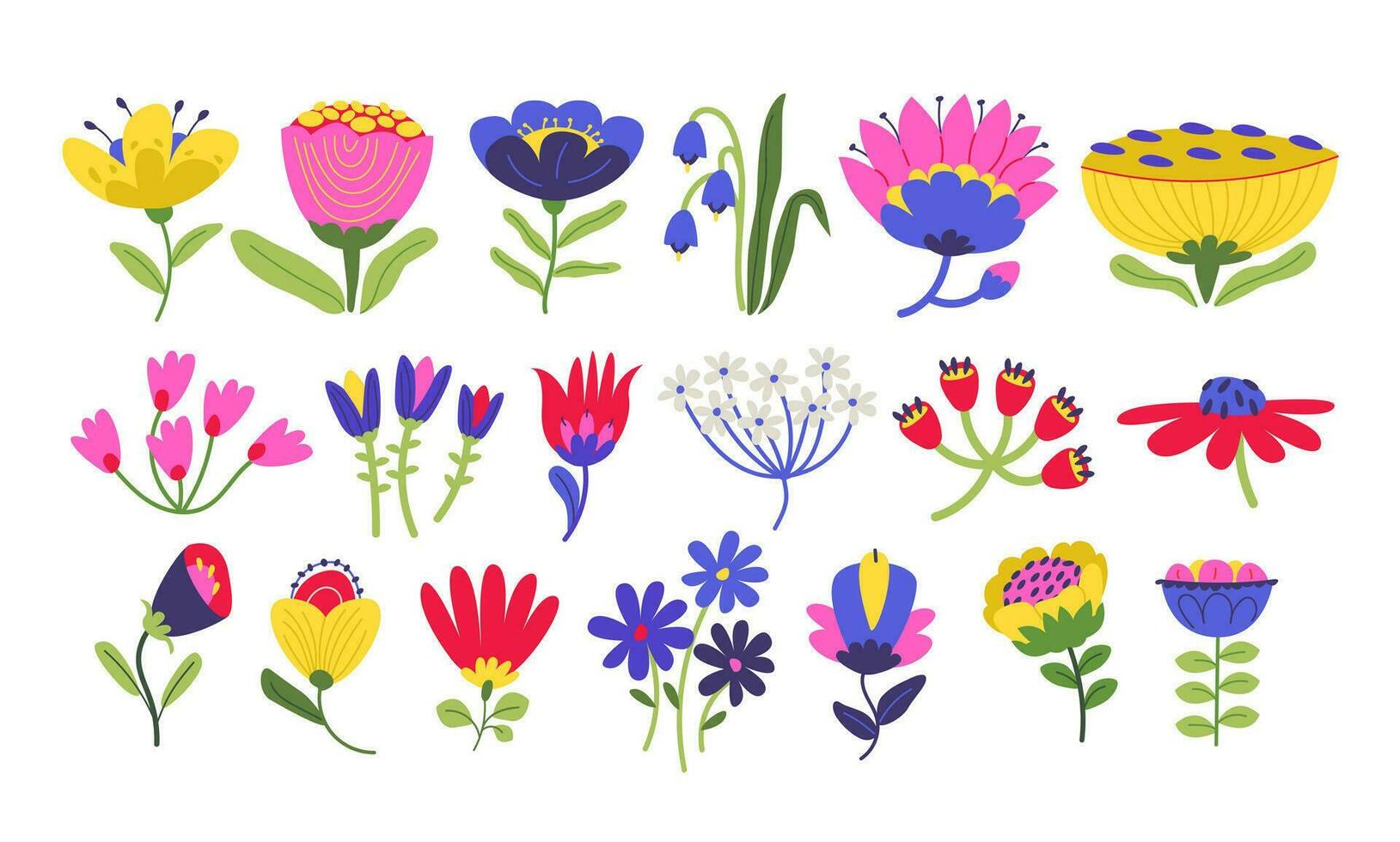 naiv abstrakt Pflanzen und Blumen Sammlung. handgemalt bunt Blumen. eben Vektor Illustration im das Stil von ein Gekritzel.