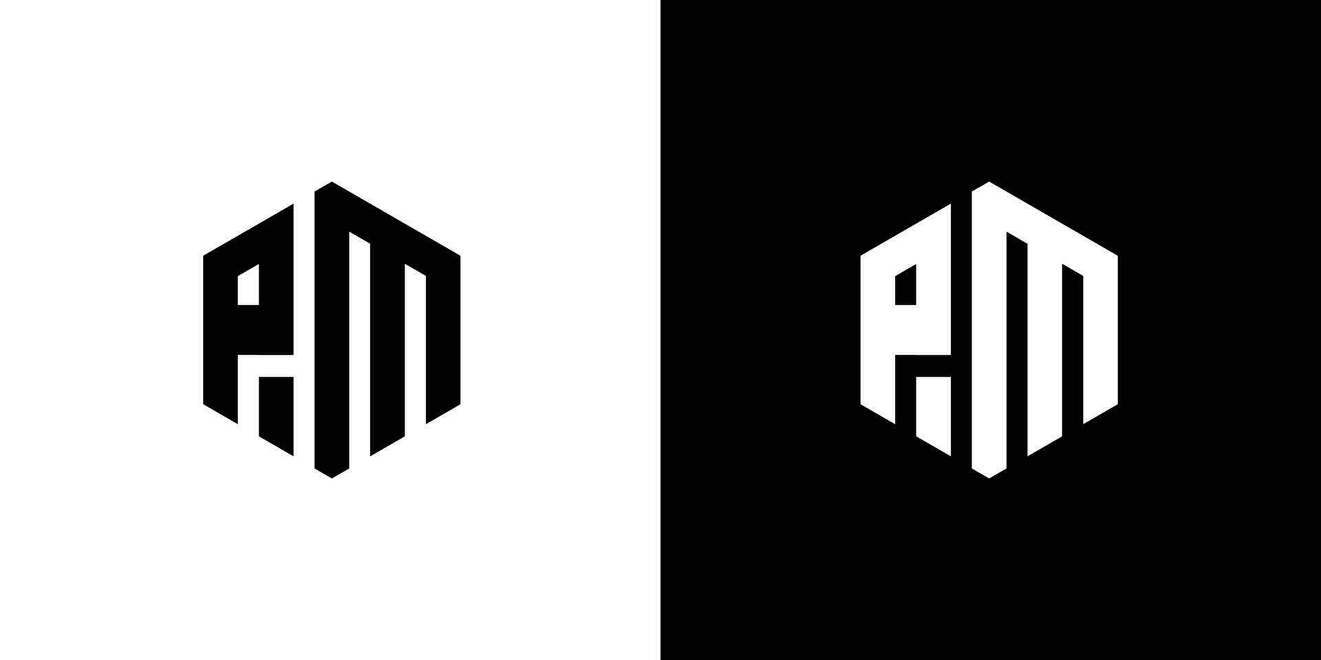 brev p m polygon, hexagonal minimal och professionell logotyp design på svart och vit bakgrund vektor