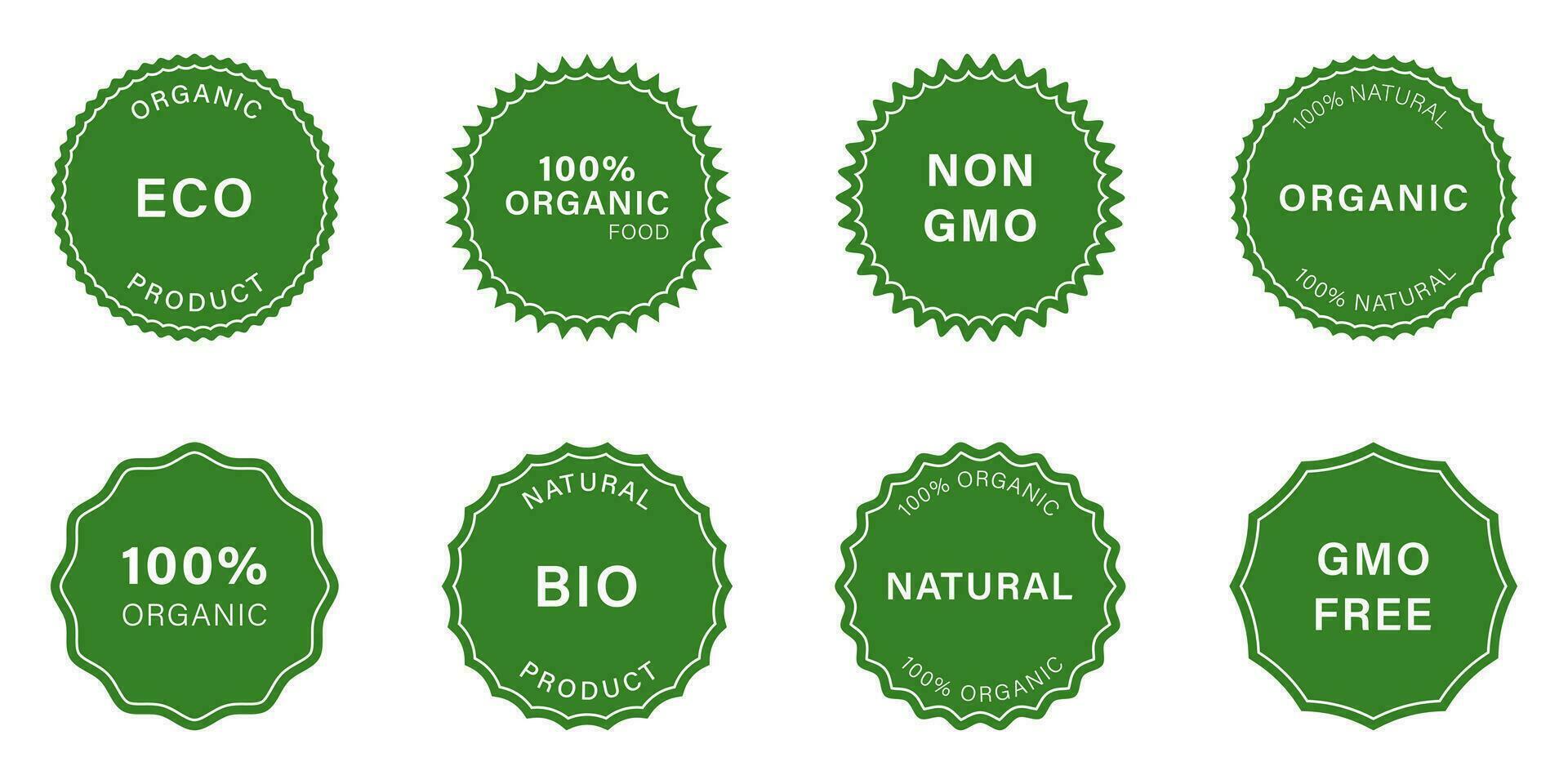 naturlig produkt eco stämpel uppsättning. friska organisk vegan mat silhuett ikoner. bio ört- klistermärke samling. 100 procent ekologi kosmetisk. gmo fri märka, icke gmo bricka. isolerat vektor illustration.