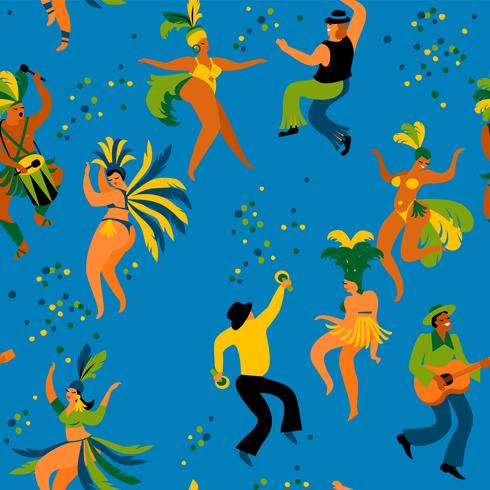 Brasilien karneval. Sömlöst mönster med roliga dansande män och kvinnor i ljusa kostymer. vektor