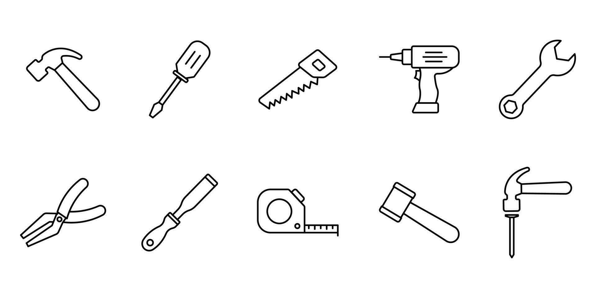 Zimmerei einstellen Symbol. Symbol verbunden zu Heimwerker Werkzeug. enthält Symbole Hammer, Schraubendreher, gesehen, bohren, usw. Linie Symbol Stil. einfach Vektor Design editierbar