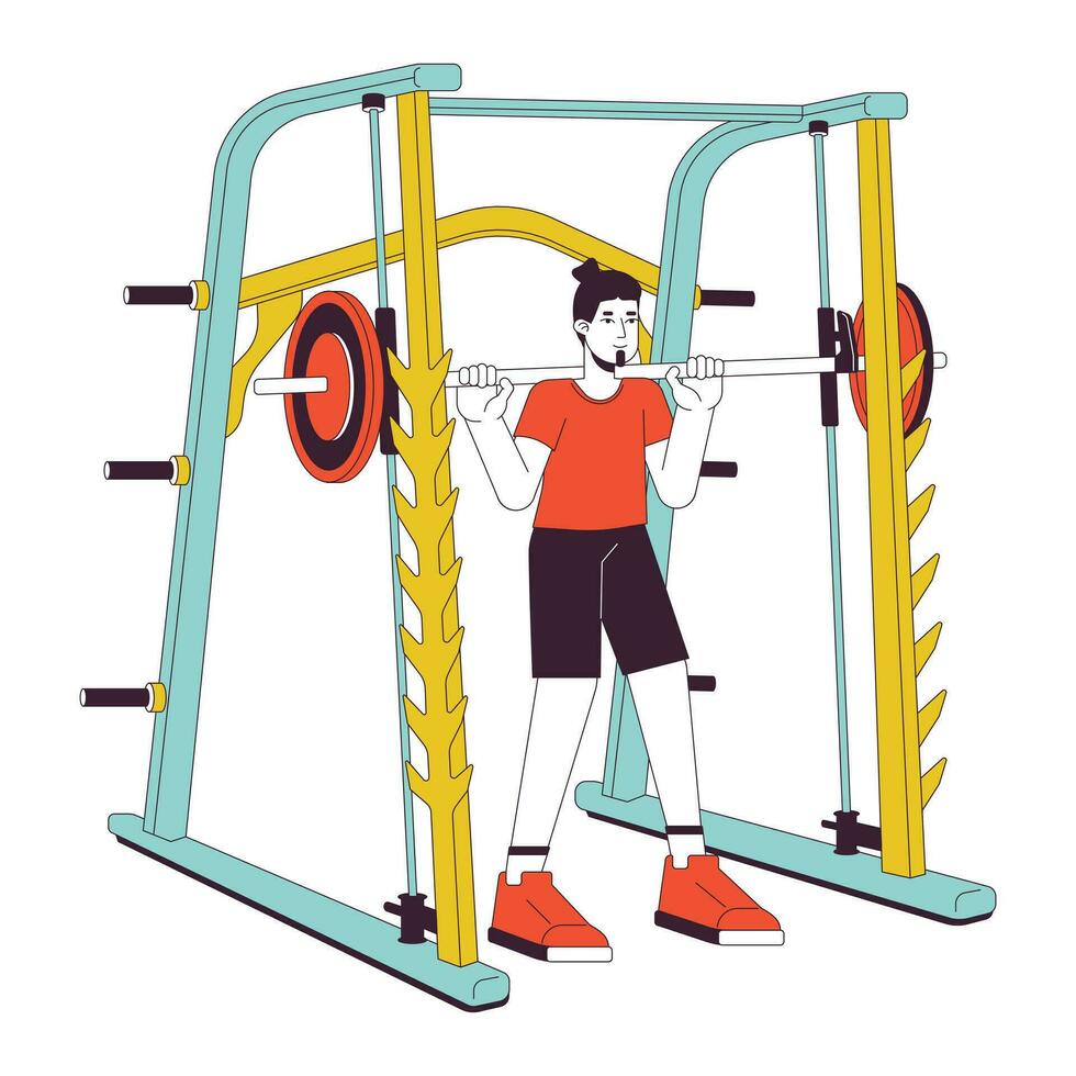 man innehav skivstång i smed maskin platt linje Färg vektor karaktär. redigerbar översikt full kropp person på vit. utför powerlifting enkel tecknad serie fläck illustration för webb grafisk design