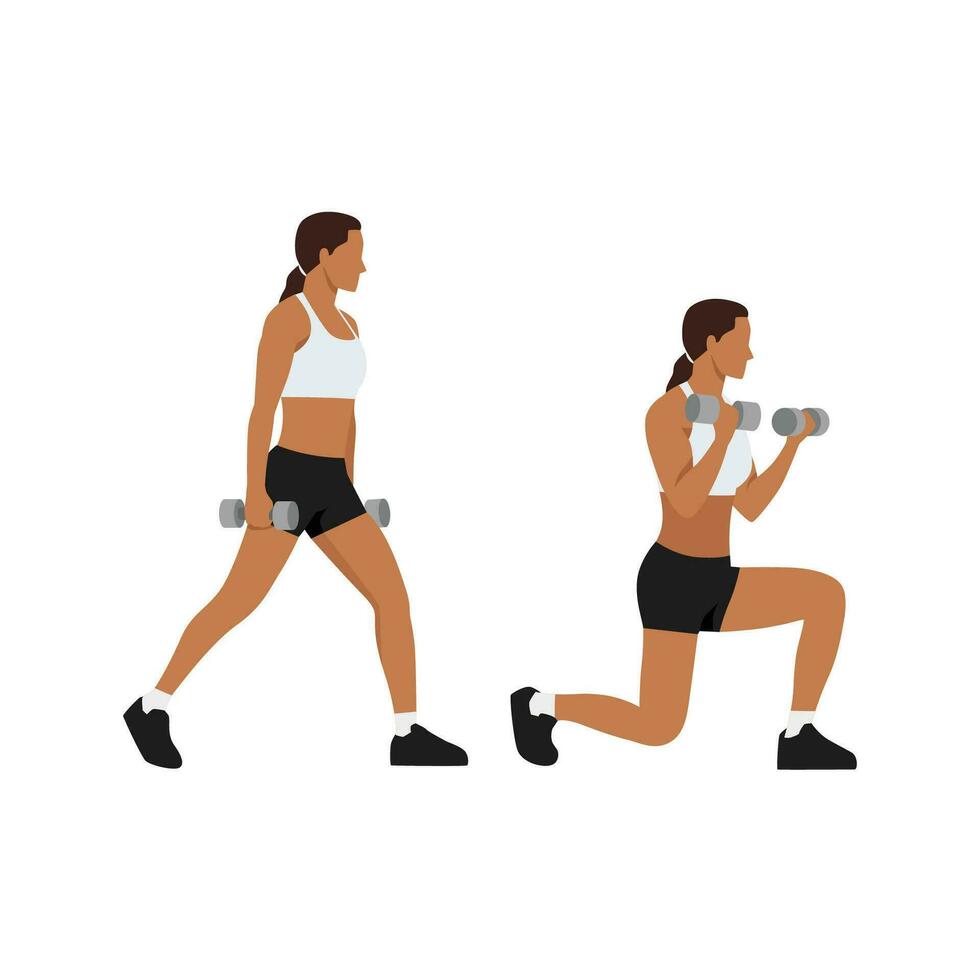 kvinna håller på med stationär utfall med biceps ringla träning. platt vektor illustration isolerat på vit bakgrund