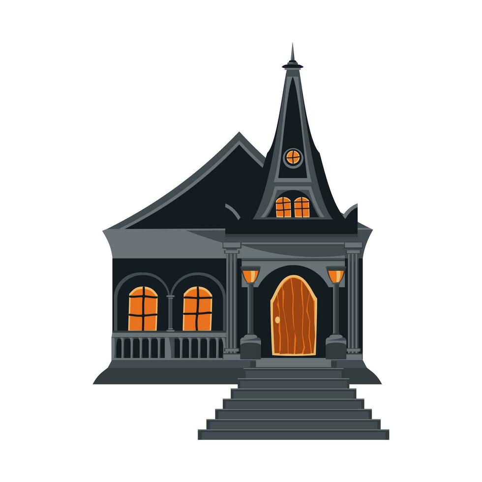 kyrka med spira i platt stil. halloween läskigt mörk hus. tecknad serie gotik arkitektur. vektor illustration.