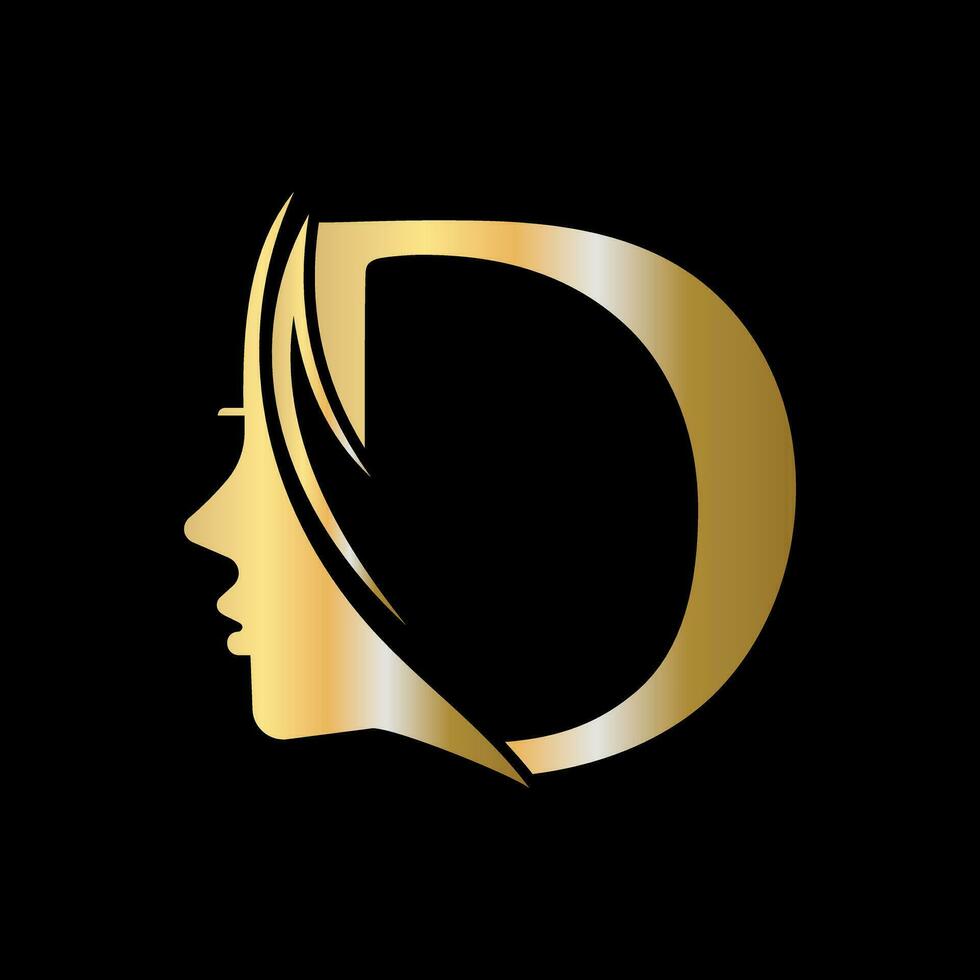 kvinna ansikte logotyp på brev d skönhet spa symbol med kvinna ansikte ikon vektor