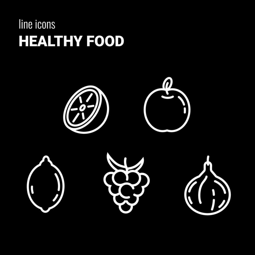uppsättning av fem översikt friska mat ikoner, frukt symboler, vektor piktogram, logotyper, översikt ritningar, orange, äpple, citron, björnbär och fikon.