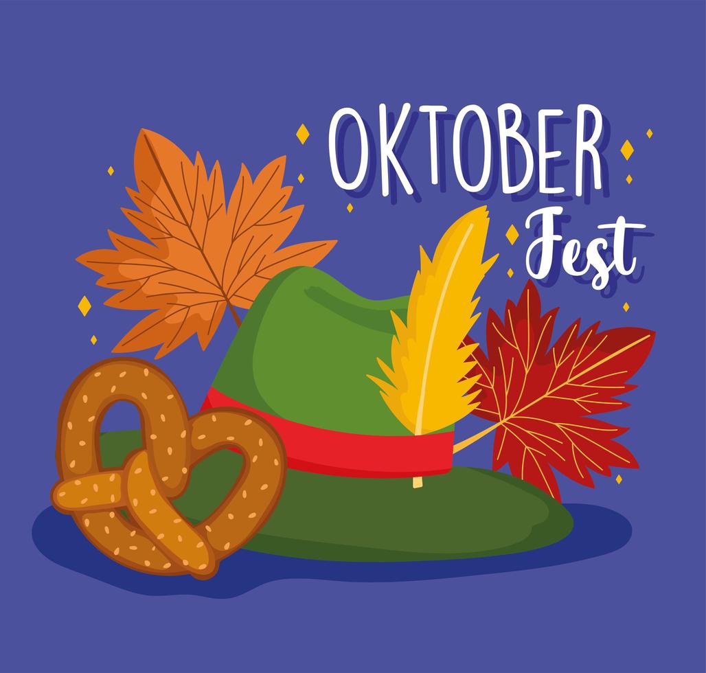 oktoberfestfest, grüner hut mit federbrezel und herbstblättern, feier deutschland traditionell vektor