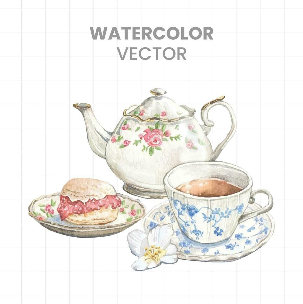 vattenfärg te uppsättning med tekanna, kopp och fat vektor