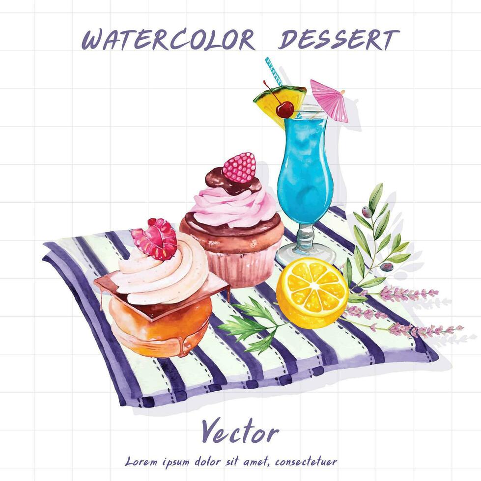 Aquarell Dessert mit Erdbeeren und Zitrone Scheiben vektor