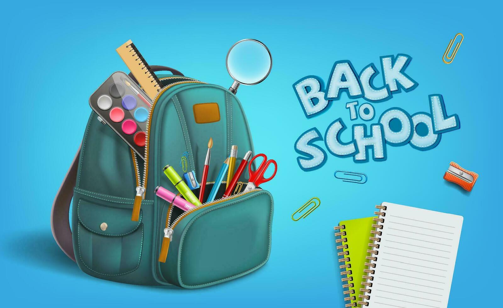 herzlich willkommen zurück zu Schule mit Rucksack und Notizblock, Stift, Farben, Herrscher, Schere, Lupe, Radiergummi, Papier Clip, Bleistift Anspitzer, Aquarell, Bürste liefert Vektor