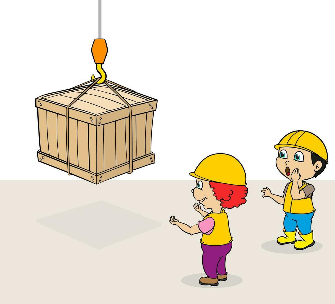 Junge Konstruktion Arbeiter Kiste Kiste Kran Karikatur Geschichte Vektor einstellen