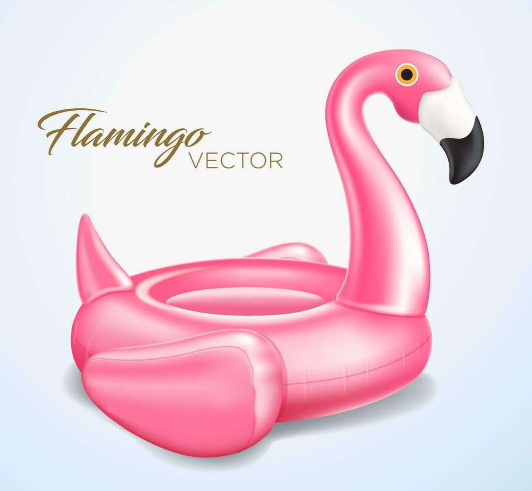 Vektor realistisch 3d Rosa Flamingo, tropisch Vogel gestalten aufblasbar Schwimmen Schwimmbad Ring, Rohr, schweben. Sommer- Ferien Ferien Gummi Objekt, reisen, Strand Ozean Illustration