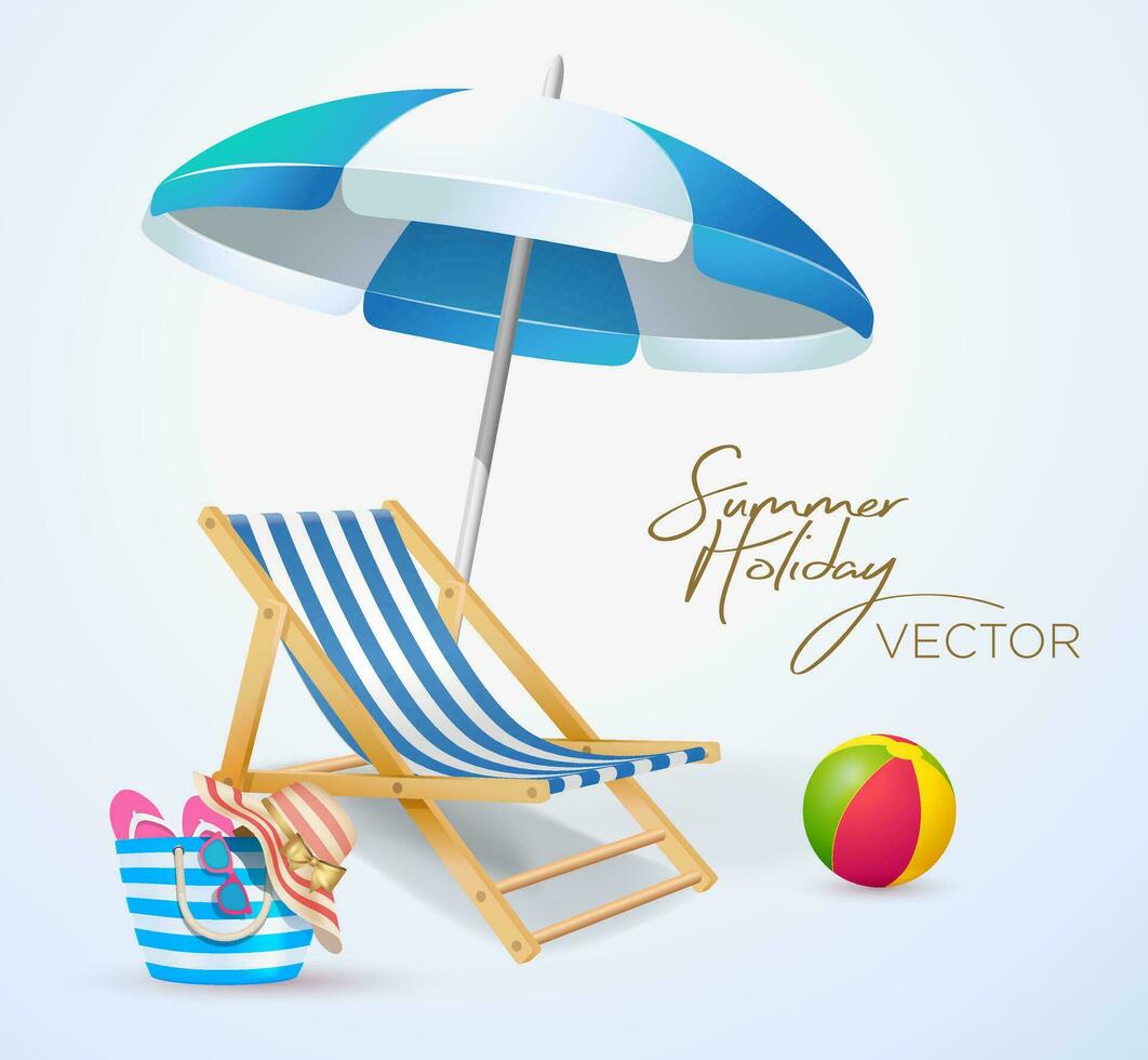 sommar semester turism tema Sol vilstol strand boll väska hatt glasögon tofflor paraply illustratör vektor
