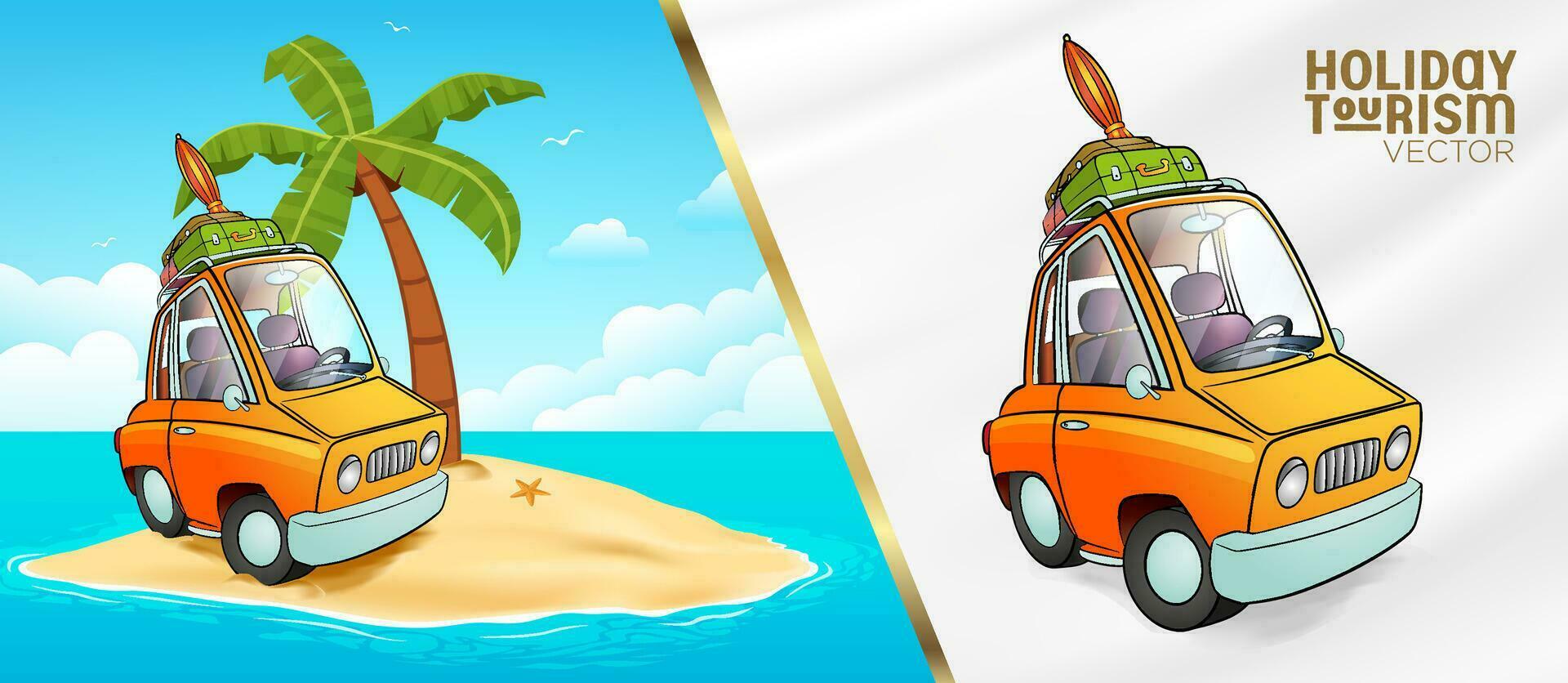retro Auto Koffer Tasche Regenschirm Palme Insel Meer Himmel Wolke Ferien Tourismus Vektor