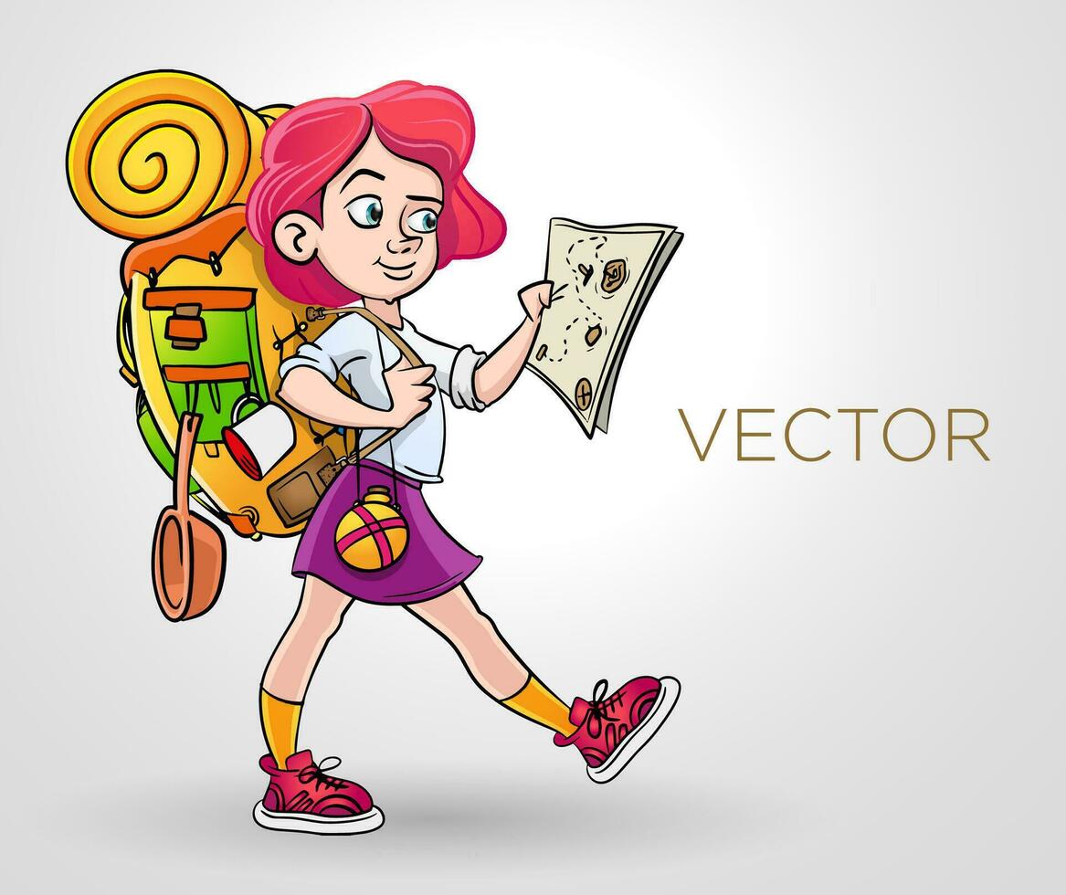 Mädchen Gehen mit ein Rucksack und lesen ein Karte, Camping Ferien vektor