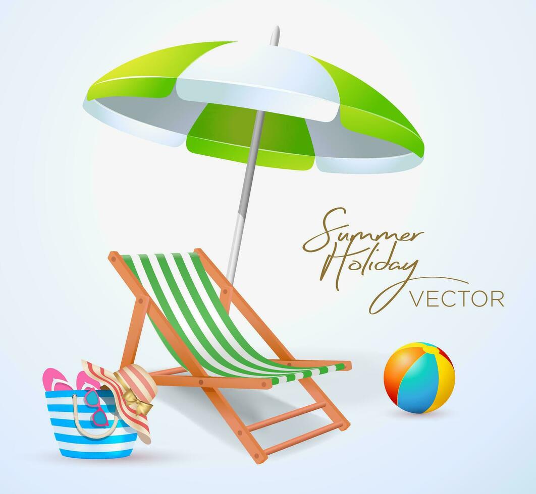 Sommer- Ferien Tourismus Thema Sonne Liege Strand Ball Tasche Hut Brille Hausschuhe Regenschirm Illustrator Vektor