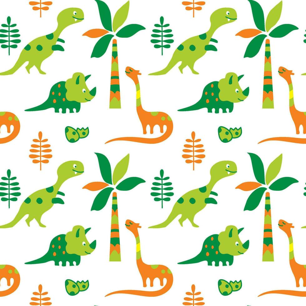 komisch Dinosaurier und Eier gezeichnet im Kritzeleien Stil, nahtlos Muster zum Kinder Produkte. Vektor. vektor