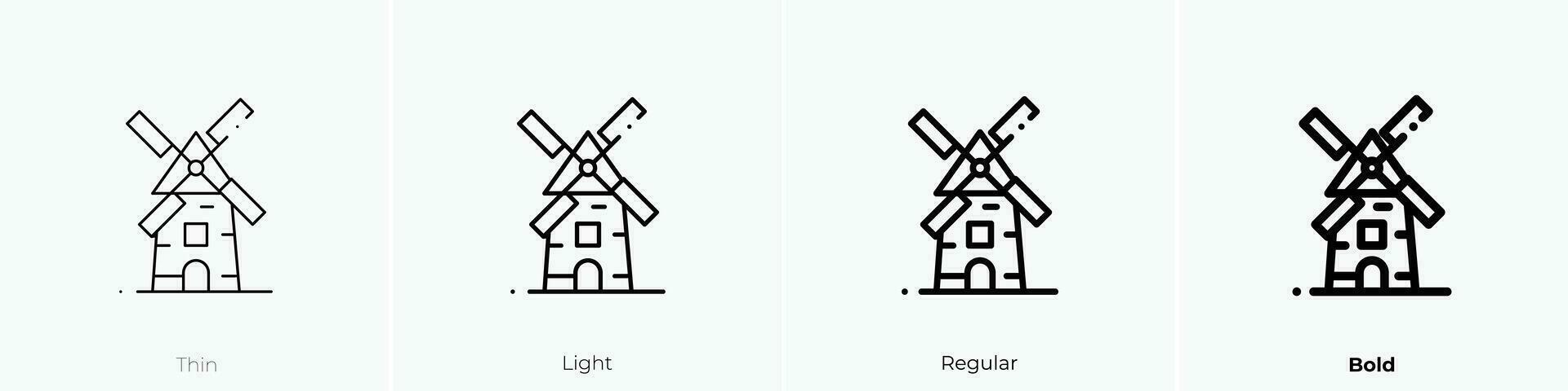 Windmühle Symbol. dünn, Licht, regulär und Fett gedruckt Stil Design isoliert auf Weiß Hintergrund vektor