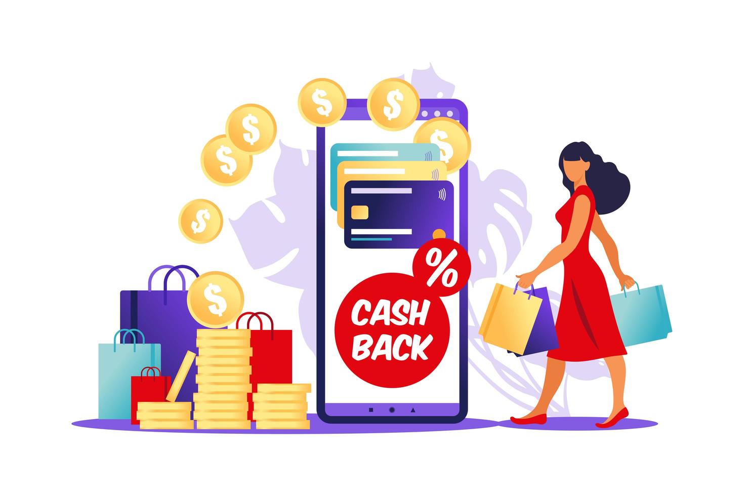Online-Cashback-Konzept. Frau mit Einkaufstüten und Smartphone mit Kreditkarte drauf. Online-Banking. Geld sparen. Geldrückerstattung. Vektor. vektor
