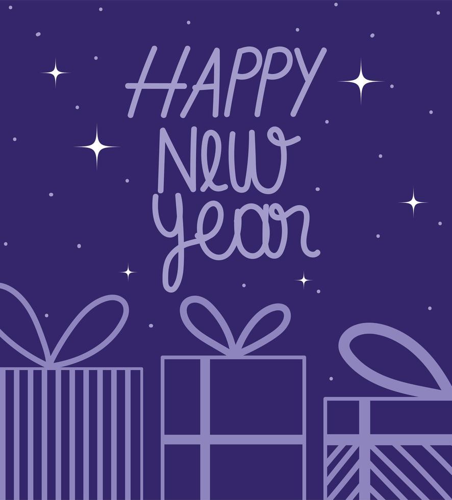 Frohes neues Jahr lila Geschenkboxen und Schriftzug Sterne Dekoration vektor
