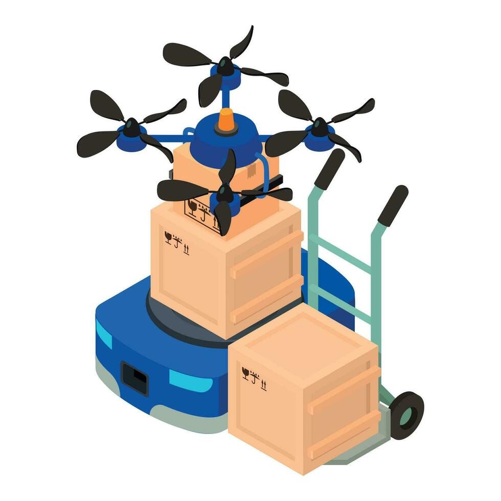 modern Lieferung Symbol isometrisch Vektor. Quadcopter Drohne und Warenhaus Roboter Symbol vektor
