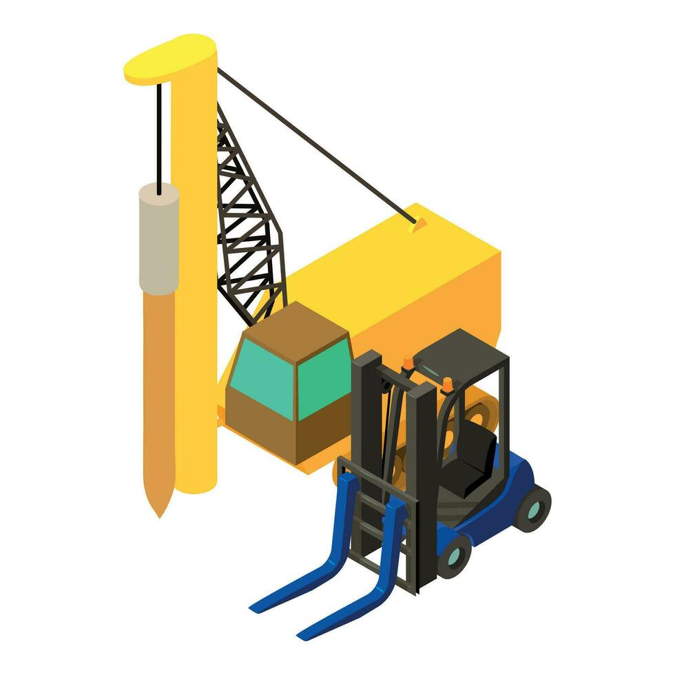 Bohren Arbeit Symbol isometrisch Vektor. Bohren Maschinen in der Nähe von automatisch Lader vektor