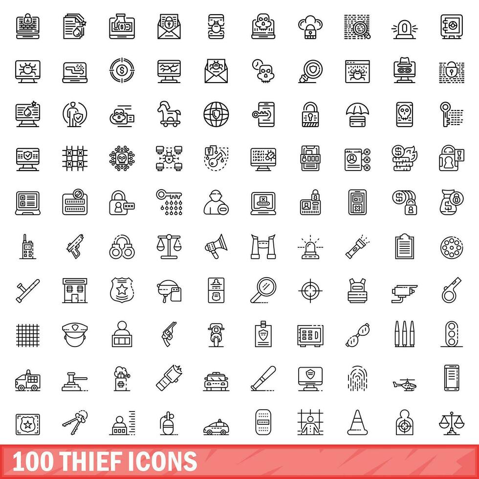 100 tjuv ikoner uppsättning, översikt stil vektor
