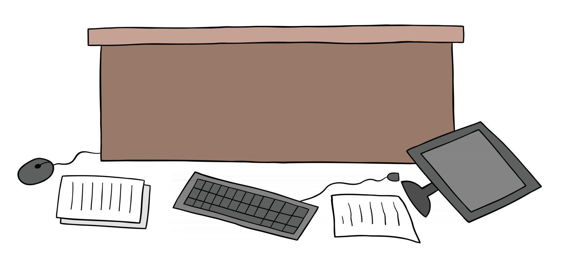 Cartoon-Vektor-Illustration von unordentlichen Schreibtischcomputer und Papieren auf dem Boden vektor
