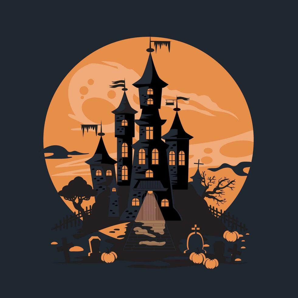 halloween landskap med slott och kyrkogård. silhuett av de slott på de bakgrund av de orange måne. halloween baner, affisch. enkel tecknad serie stil vektor