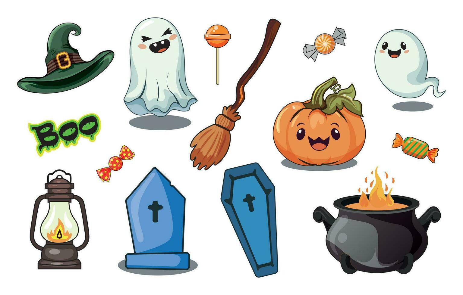 halloween element uppsättning med spöke, trolldryck kittel och häxans kvast, gravsten, godis, lampa, rolig pumpor. perfekt för scrapbooking, hälsning kort, fest inbjudan, affisch, märka, klistermärke uppsättning vektor