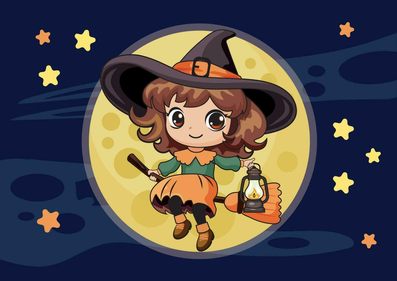 glücklich Halloween Hexe eben Vektor Illustration. ein süß Hexe fliegt auf ein Besen gegen das Hintergrund von das Mond und das dunkel Himmel, ein Charakter zum ein Kinder- Illustration.