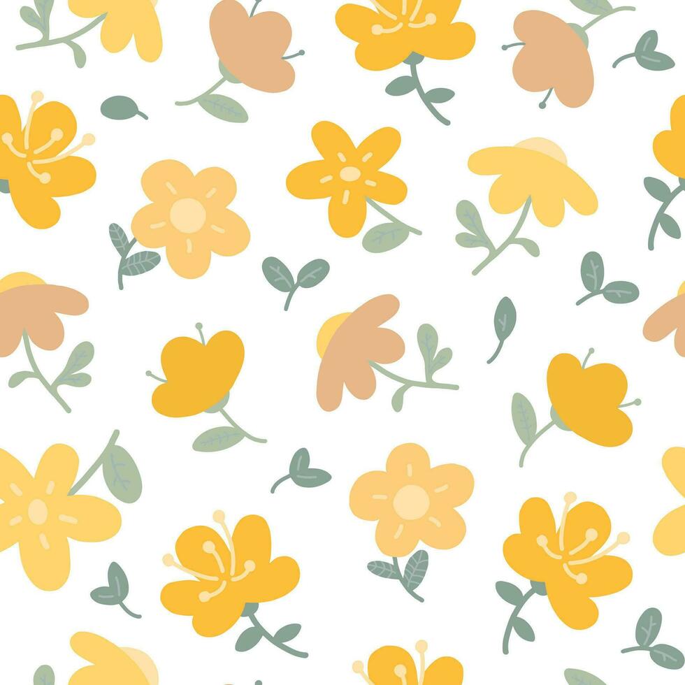 Vektor nahtlos Hintergrund von süß gezeichnet Gelb Blumen. Illustration, Baby Stil, zum Kleidung, Stoff, Hintergrund, Verpackung Papier, Hintergrund im das Kindergarten