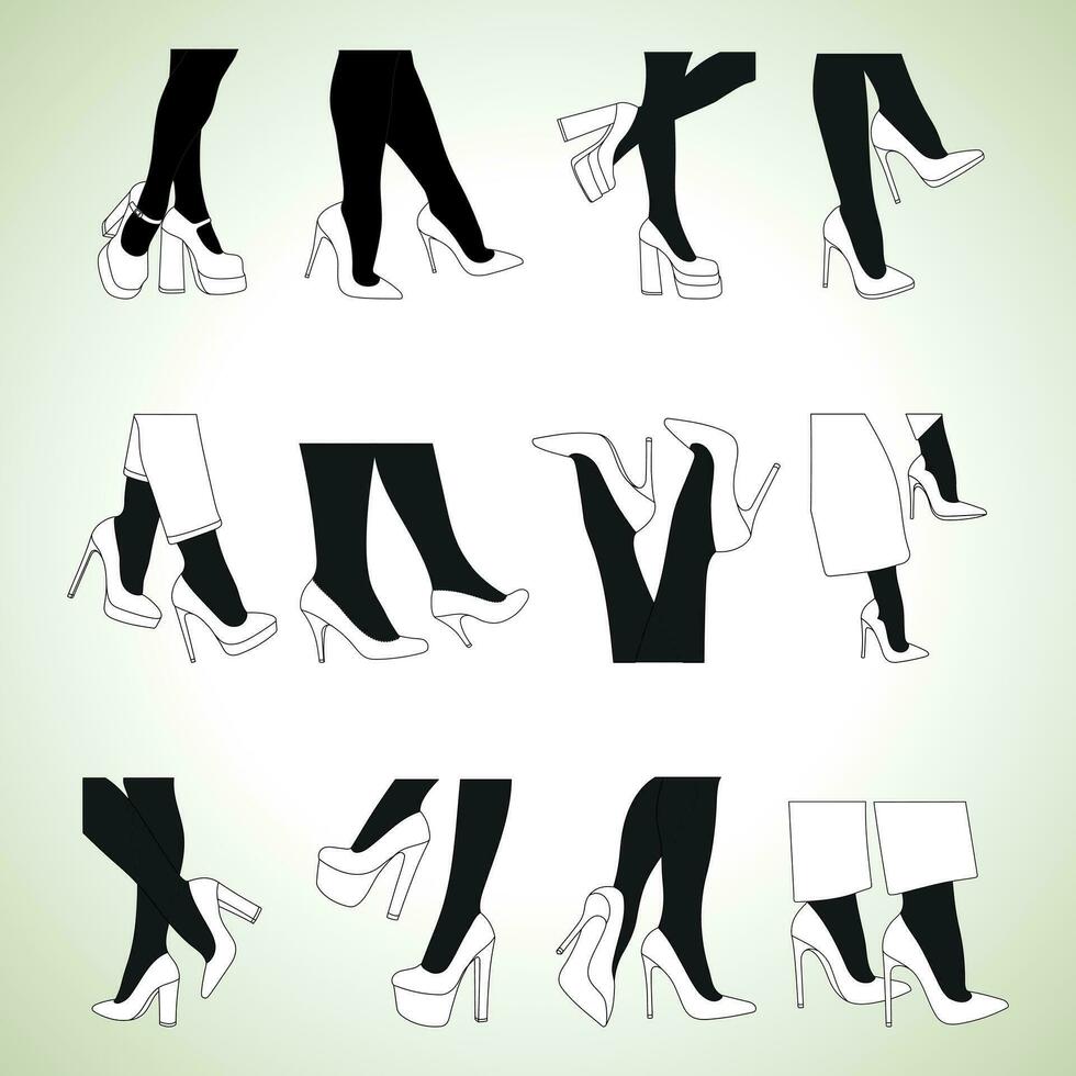 Silhouetten Gliederung von weiblich Beine. Schuhe Stilettos, hoch Fersen. gehen, Stehen, Betrieb, Springen, tanzen vektor