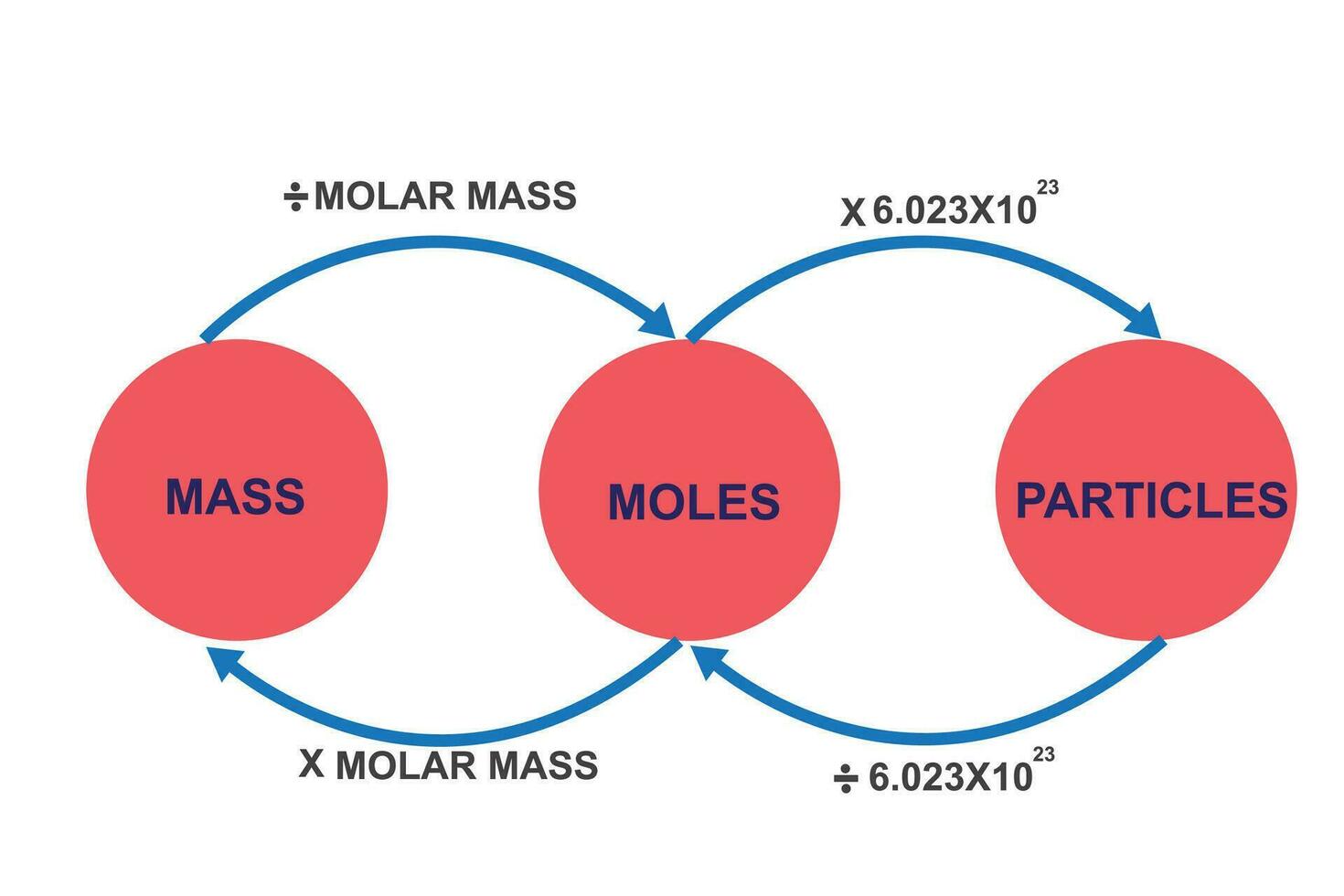 Masse, Maulwurf und Nummer von Partikel Umwandlung Diagramm im Chemie. vektor