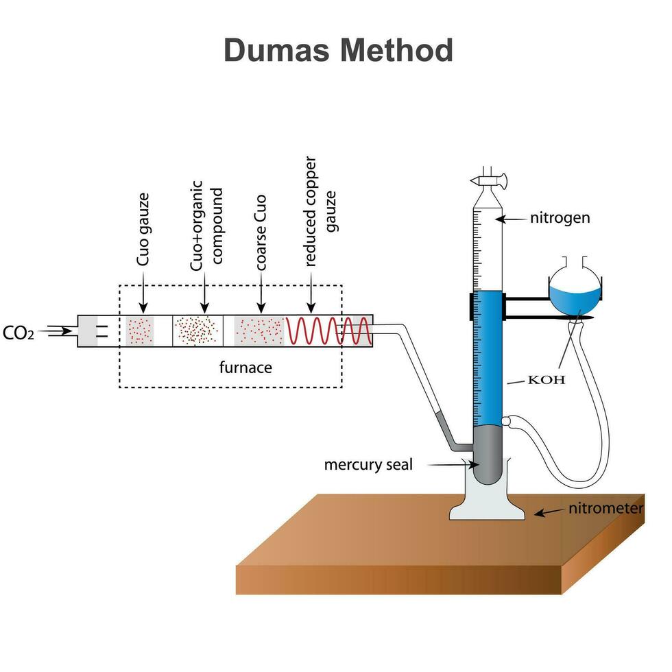 dumas Methode, quantitativ Entschlossenheit von Stickstoff- im chemisch Substanzen beschrieben durch dumas im 1826. vektor