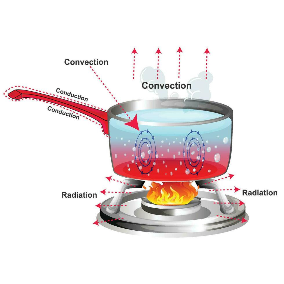 Hitze überweisen. das Prozess von Thermal- Energie Transfer zwischen Objekte fällig zu Temperatur Unterschied, auftreten durch Leitung, Konvektion, oder Strahlung. vektor