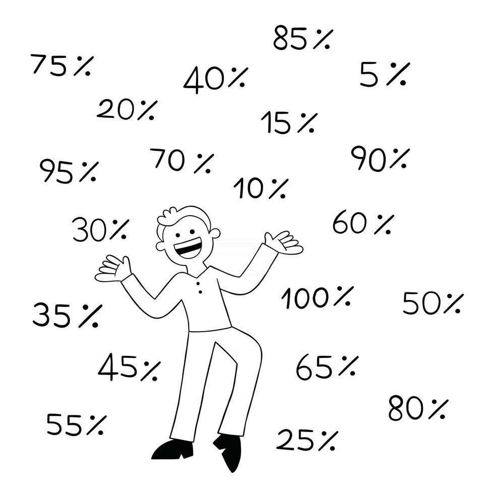 Cartoon-Mann sehr glücklich, weil es viele Rabatt-Vektor-Illustrationen gibt vektor